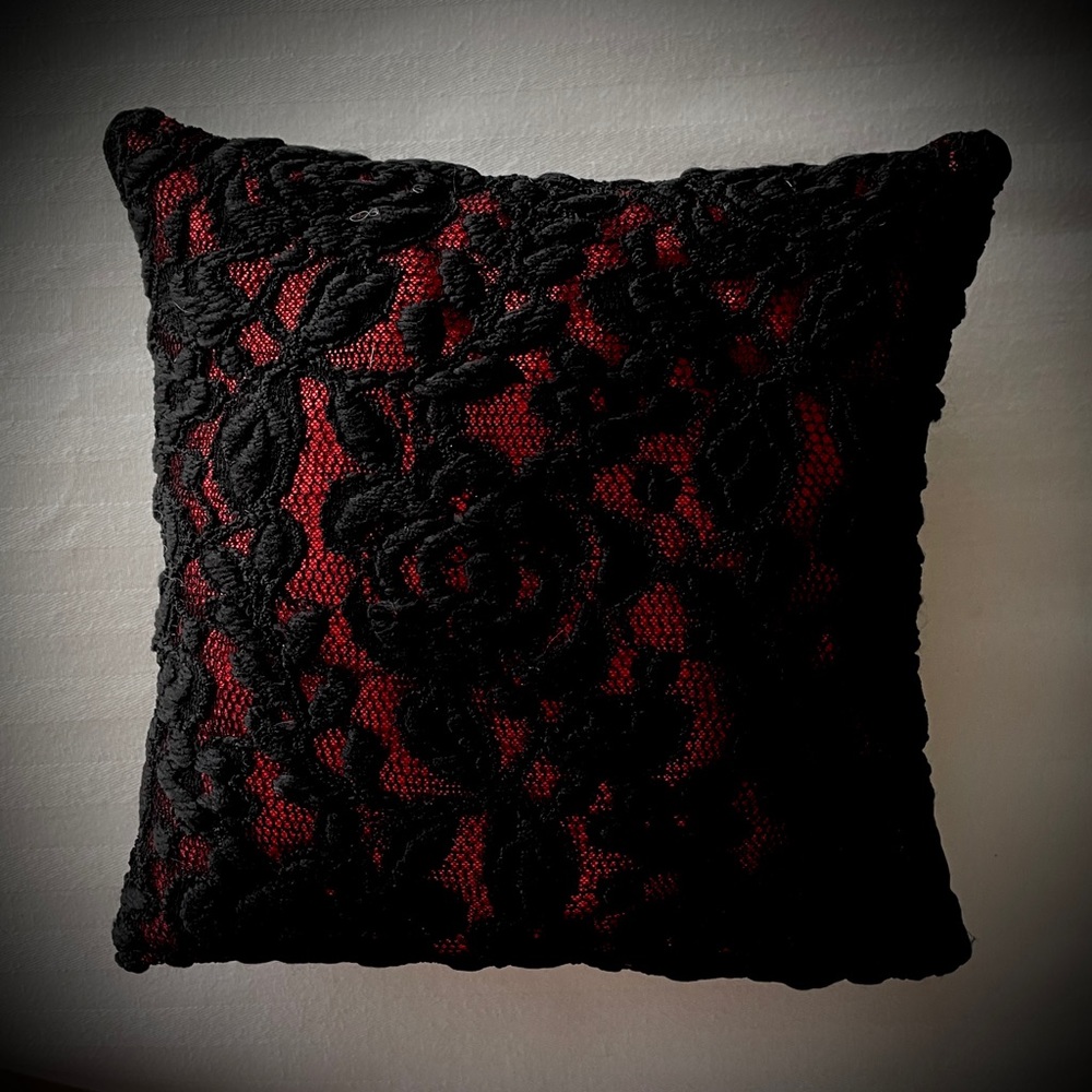 Decorative mini pillow. Gothic style. 8"x8". Black lace,  dark red sparkly base